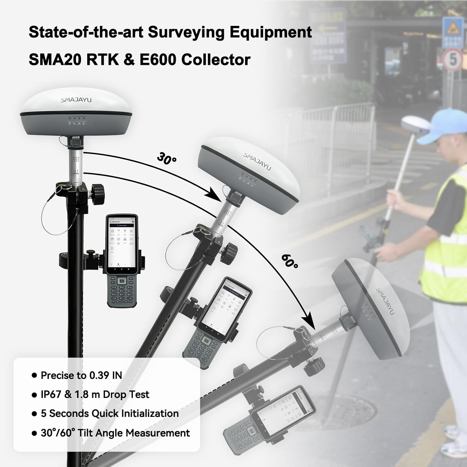 SMA20RTK PPK PPP IMU NOAA certificated GNSS RTK Rover Base Collector, Survey Software, PPK Calculation, Upto 25km by PPK, 1cm RTK Accuracy