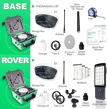 E1 RTK GNSS Survey Equipment 20 Hours Endurance RTK GNSS GPS with IMU Rover & Base Handheld Collector with Survey Software RTK Surveying Equipment,1408 Channels, 5km UHF Range,60° Tilt Survey