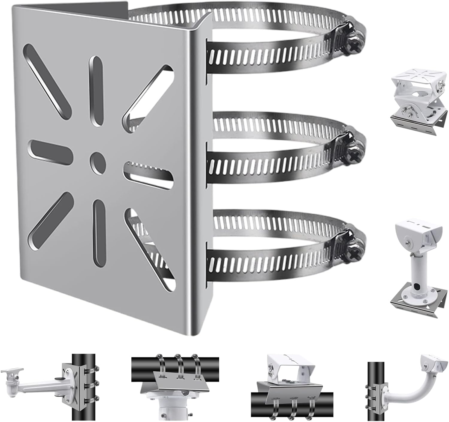 Universal Wall Mounting Bracket with 3 Loops, Stainless Steel Vertical Pole Mount Adapter for CCTV Security Camera PTZ Dome Indoor Outdoor AP Access Point Client CPE
