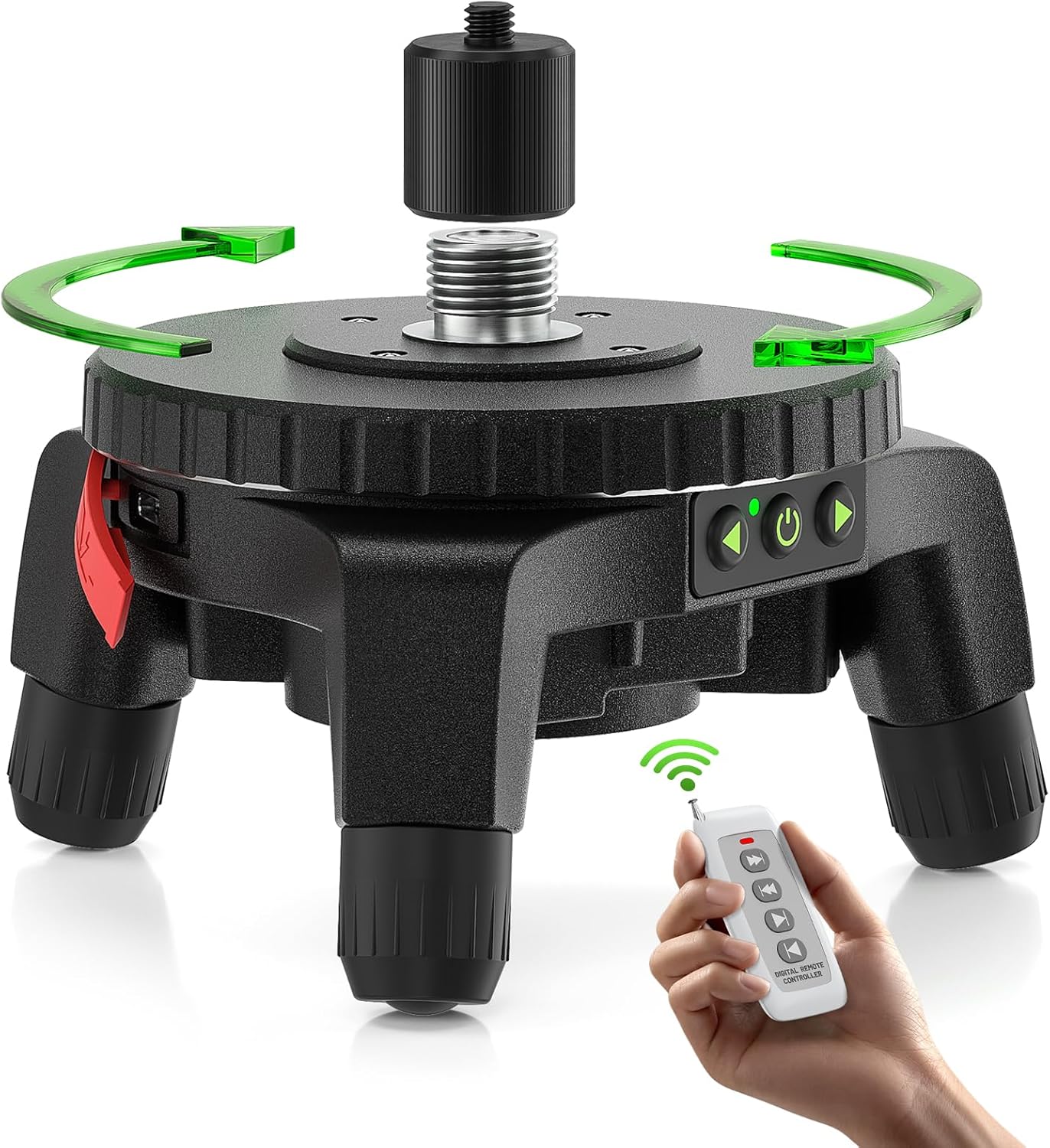 Remote Control, Dual-Speed 0.088°/s Fine Adjustment, Adjustable Tripod Legs, 5/8"-11 Thread with 1/4"-20 Adapter, 360° Motorized Turntable