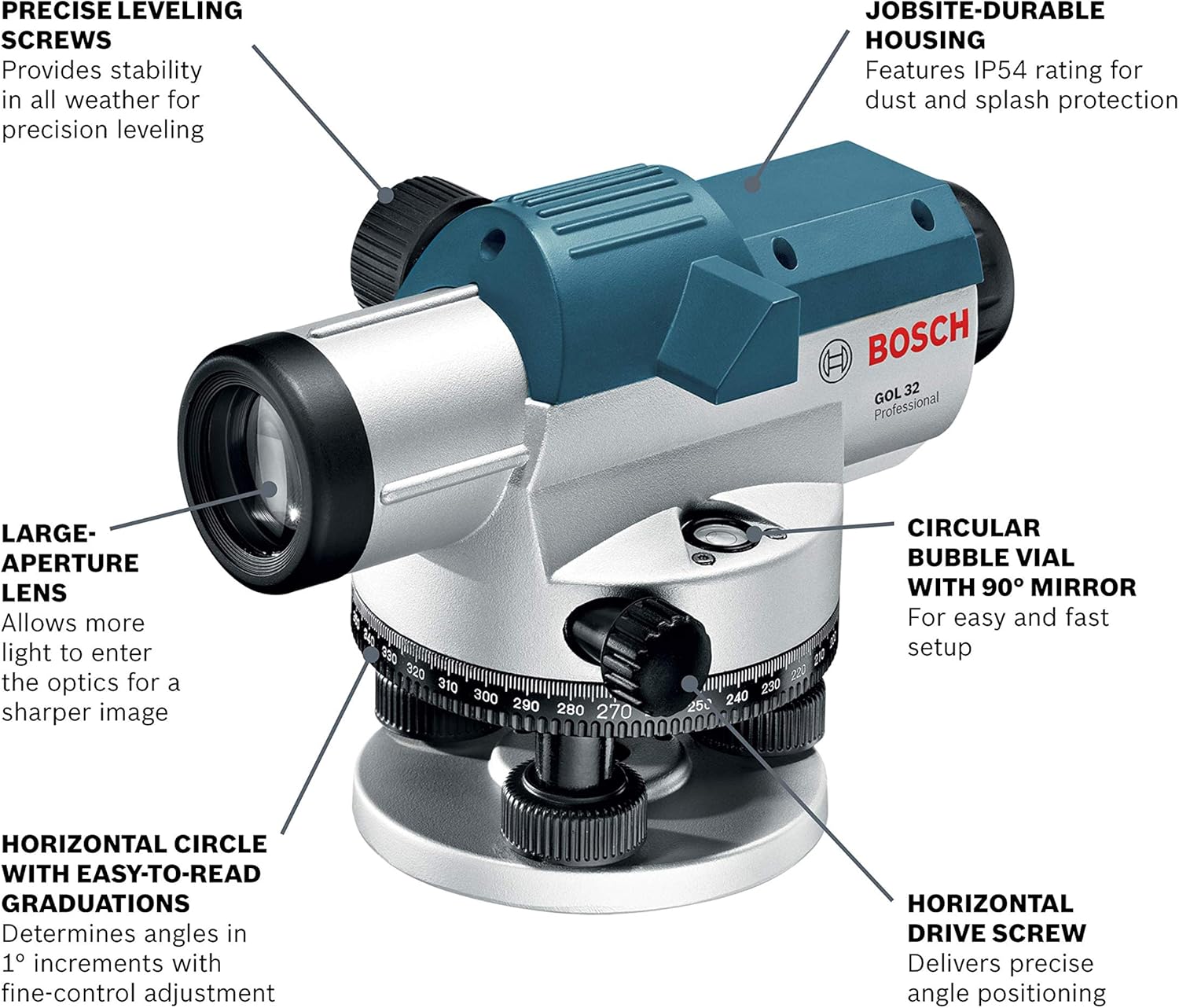 BOSCH GOL26CK 26X Automatic Optical Level Kit, Includes Aluminum Tripod, Grade Rod, Plumb Bob, Tool Kit, & Carrying Case