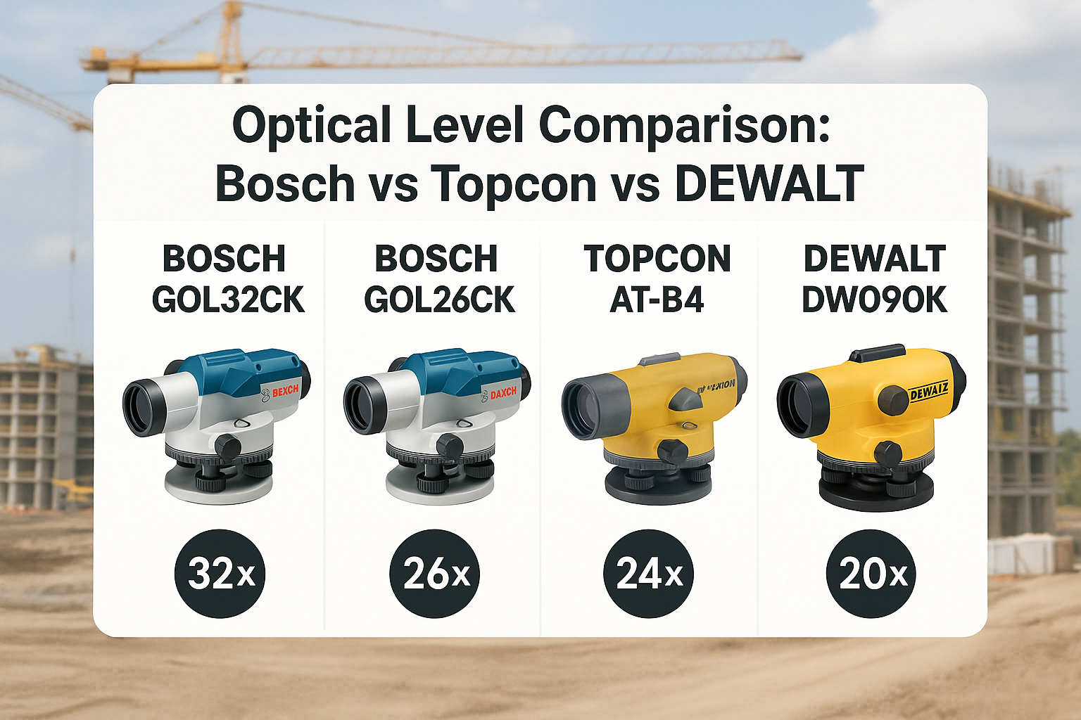 Optical Level Showdown 2025: Bosch GOL32CK vs GOL26CK vs Topcon AT-B4 vs DEWALT DW090PK