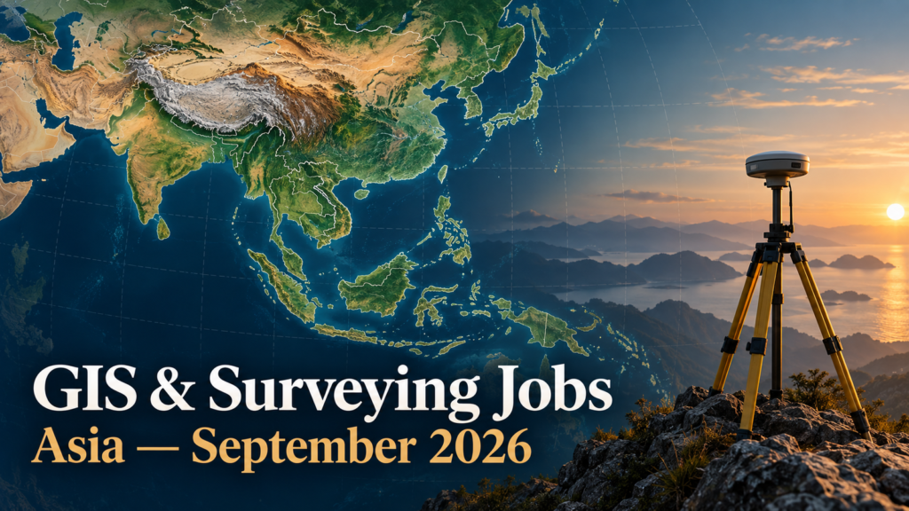 Illustrated map of Asia with GIS and surveying equipment for September 2026 job openings