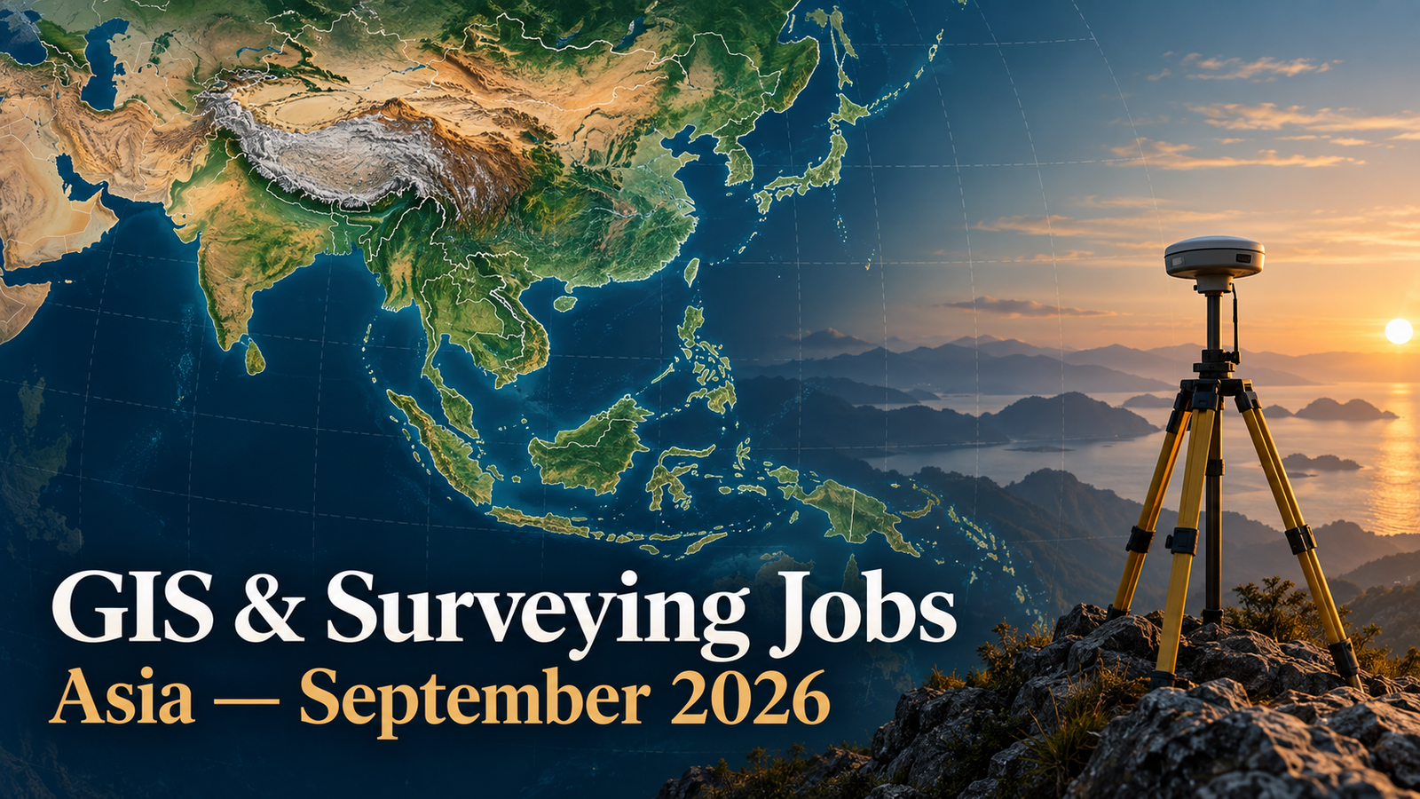 Illustrated map of Asia with GIS and surveying equipment for September 2026 job openings